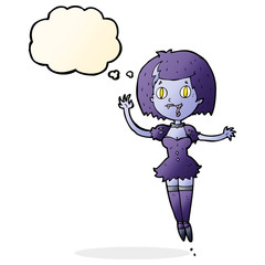 cartoon happy vampire girl with thought bubble