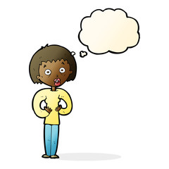 cartoon woman gesturing at self with thought bubble