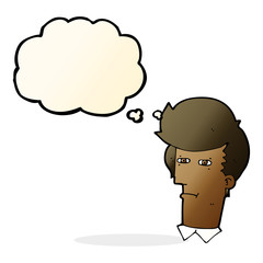 cartoon man narrowing eyes with thought bubble