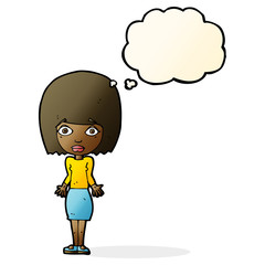 cartoon woman shrugging shoulders with thought bubble