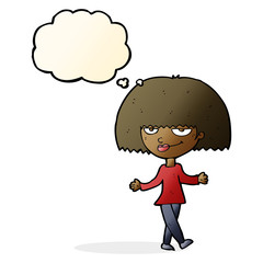 cartoon smug looking woman with thought bubble
