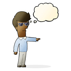 cartoon man in glasses pointing with thought bubble