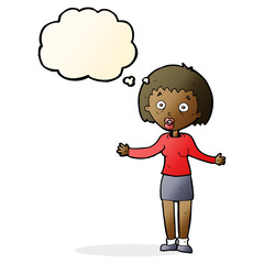 cartoon woman making excuses with thought bubble