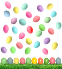 Easter eggs in green grass over white background