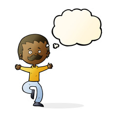 cartoon dancing man with mustache with thought bubble