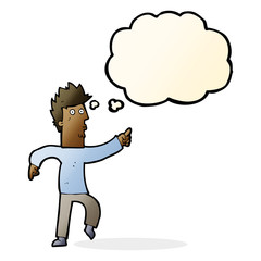 cartoon worried man pointing with thought bubble