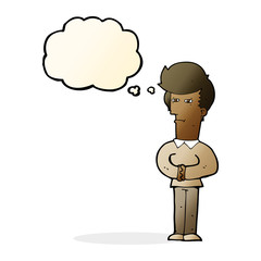 cartoon man narrowing his eyes with thought bubble