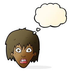 cartoon frightened woman with thought bubble