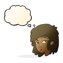 cartoon curious woman with thought bubble