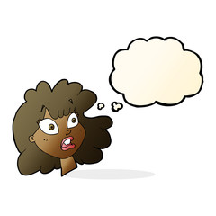 cartoon shocked female face with thought bubble
