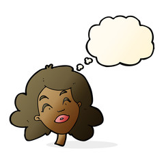 cartoon happy female face with thought bubble