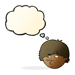 cartoon suspicious man with thought bubble