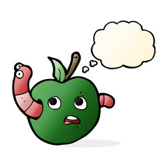 cartoon worm in apple with thought bubble