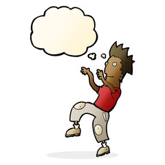 cartoon happy man doing funny dance with thought bubble