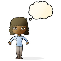 cartoon woman shrugging shoulders with thought bubble