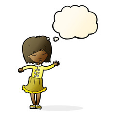 cartoon waving woman with thought bubble