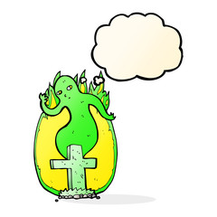 cartoon ghost rising from grave with thought bubble
