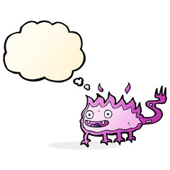 cartoon little fire demon with thought bubble