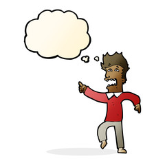 cartoon frightened man pointing with thought bubble