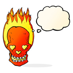 cartoon flaming skull with love heart eyes with thought bubble