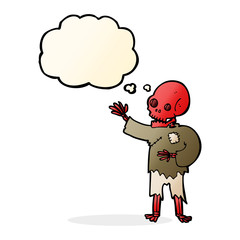 cartoon skeleton waving with thought bubble
