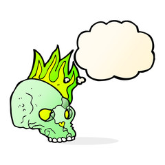 cartoon spooky skull with thought bubble