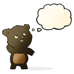 cartoon cute waving black bear teddy with thought bubble