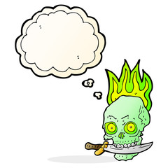 cartoon pirate skull with knife in teeth with thought bubble