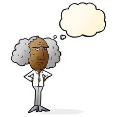cartoon big hair lecturer man with thought bubble