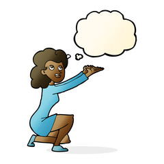 cartoon woman presentation gesture with thought bubble