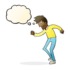 cartoon happy man dancing with thought bubble