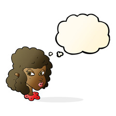 cartoon suspicious woman with thought bubble