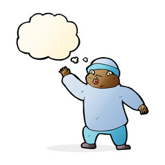 cartoon man in hat waving with thought bubble