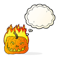 cartoon burning pumpkin with thought bubble