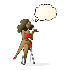 cartoon woman sitting on bar stool with thought bubble