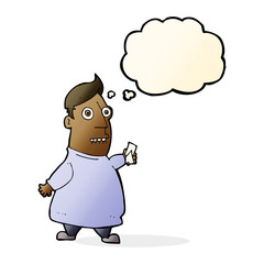 cartoon nervous man with tickets with thought bubble