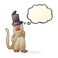 cartoon monkey wearing hat with thought bubble