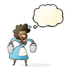 cartoon milkmaid carrying buckets with thought bubble