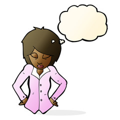 cartoon woman with hands on hips with thought bubble
