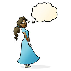 cartoon pretty woman in dress with thought bubble
