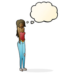 cartoon pretty woman shrugging shoulders with thought bubble