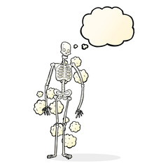 cartoon dusty old skeleton with thought bubble