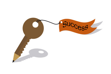 Pencil key and flag of success concept