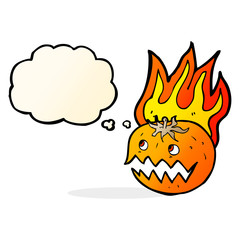 cartoon flaming pumpkin with thought bubble