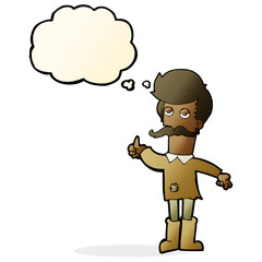 cartoon old man in poor clothes with thought bubble