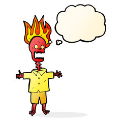 cartoon flaming skeleton with thought bubble