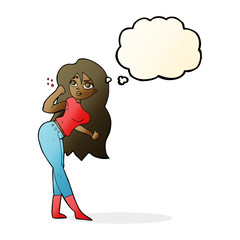 cartoon woman raising fist with thought bubble