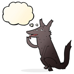 cartoon wolf licking paw with thought bubble