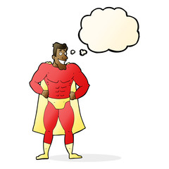 cartoon superhero with thought bubble