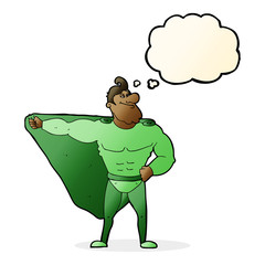 funny cartoon superhero with thought bubble